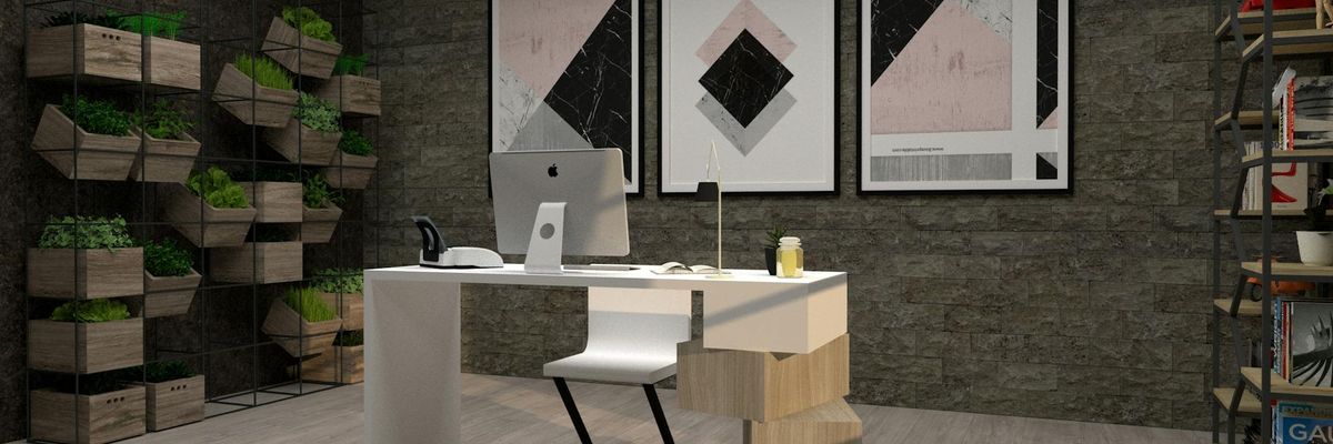 Modern clean desk setup with abstract geometric decorations